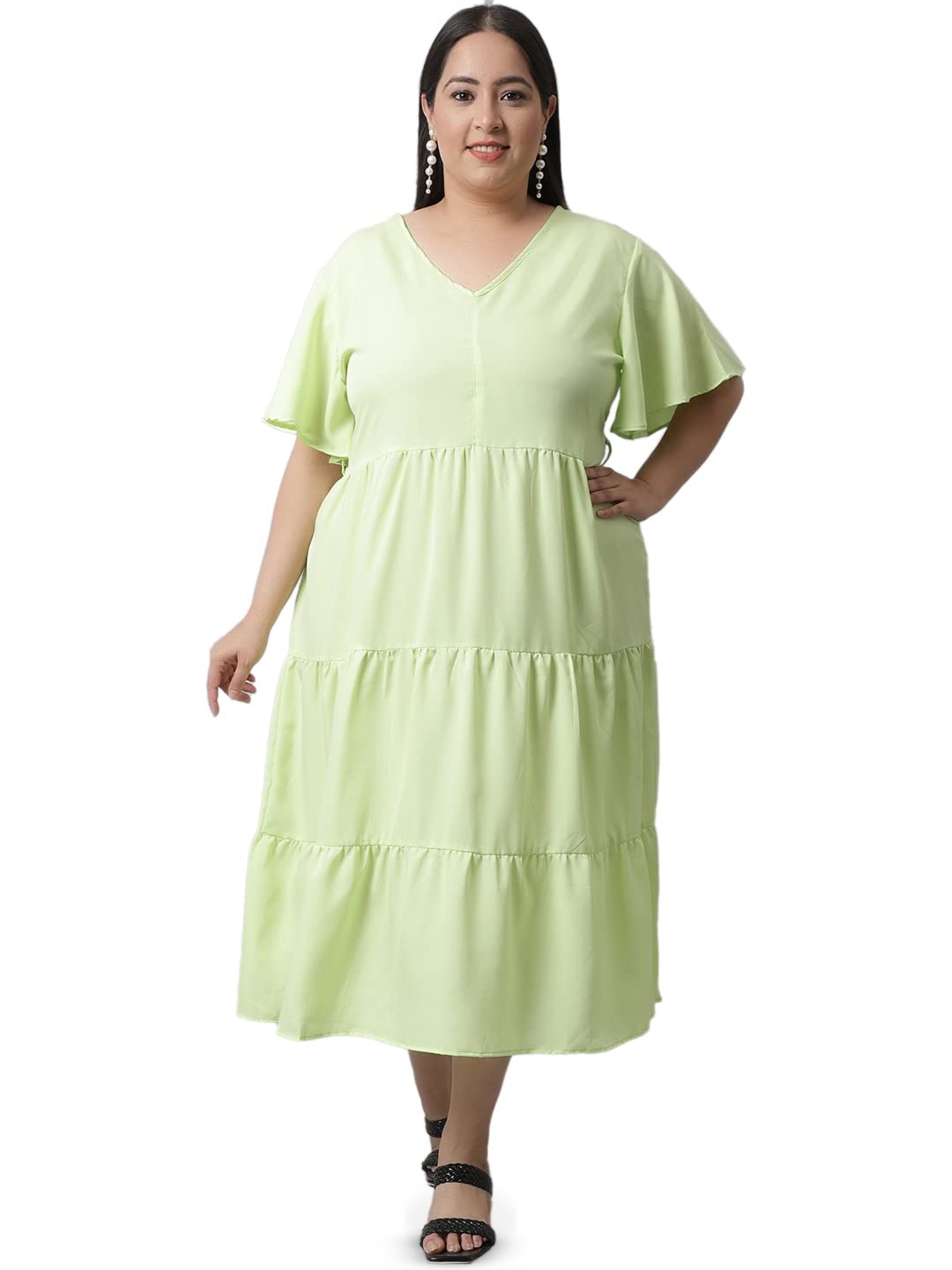 

Flambeur V Neck Flared Sleeve Crepe Fit & Flare Midi Plus Size Dress, Green