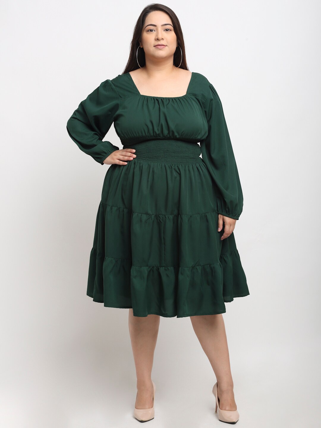 

Flambeur Square Neck Long Puff Sleeve Crepe Fit & Flare Midi Plus Size Dress, Green