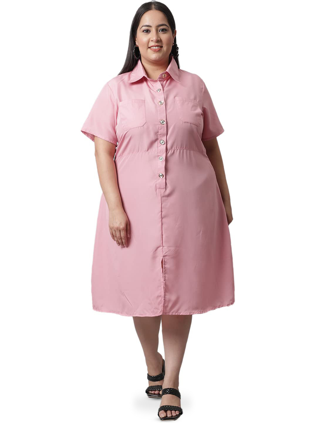 

Flambeur Shirt Collar Short Sleeves Crepe Plus Size Shirt Dress, Pink