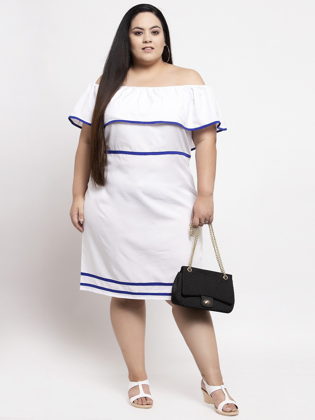 

Flambeur Plus SizeOff-Shoulder Flutter Sleeve Crepe A-Line Dress, White