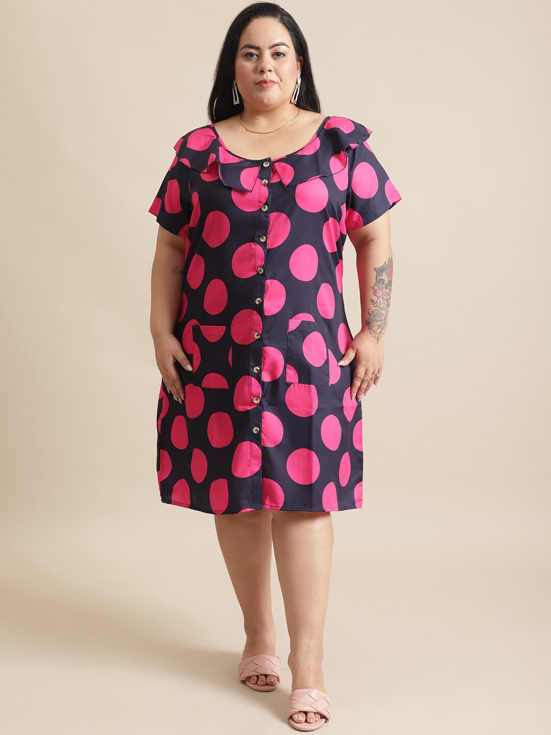 

Flambeur Plus Size Polka Dot Printed Crepe A-Line Dress, Black