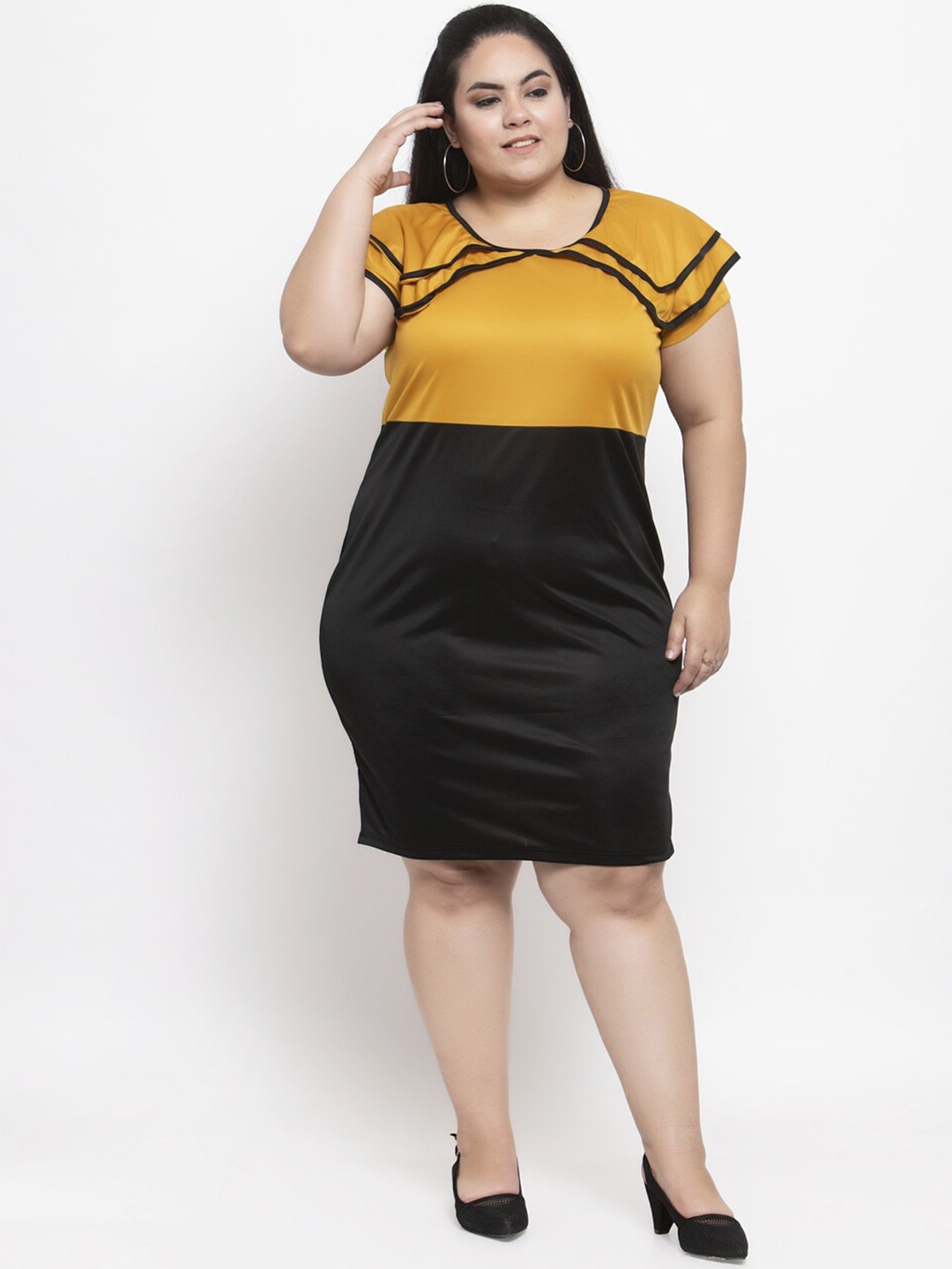 

FlambeurRound Neck Short Sleeves Colourblocked Sheath Plus Size Dress, Mustard