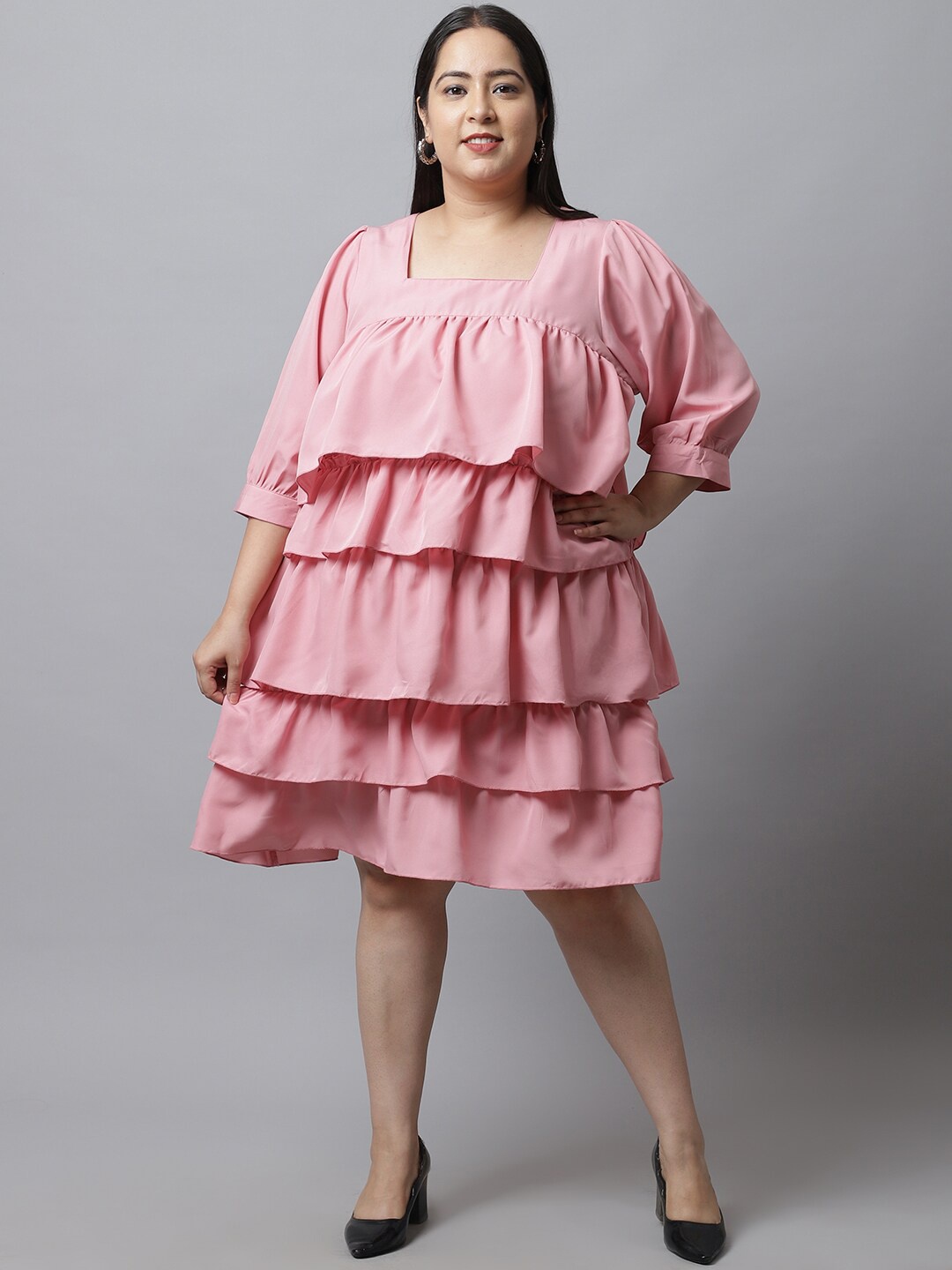 

Flambeur Plus Size Square Neck Puff Sleeve Layered A Line Dress, Pink