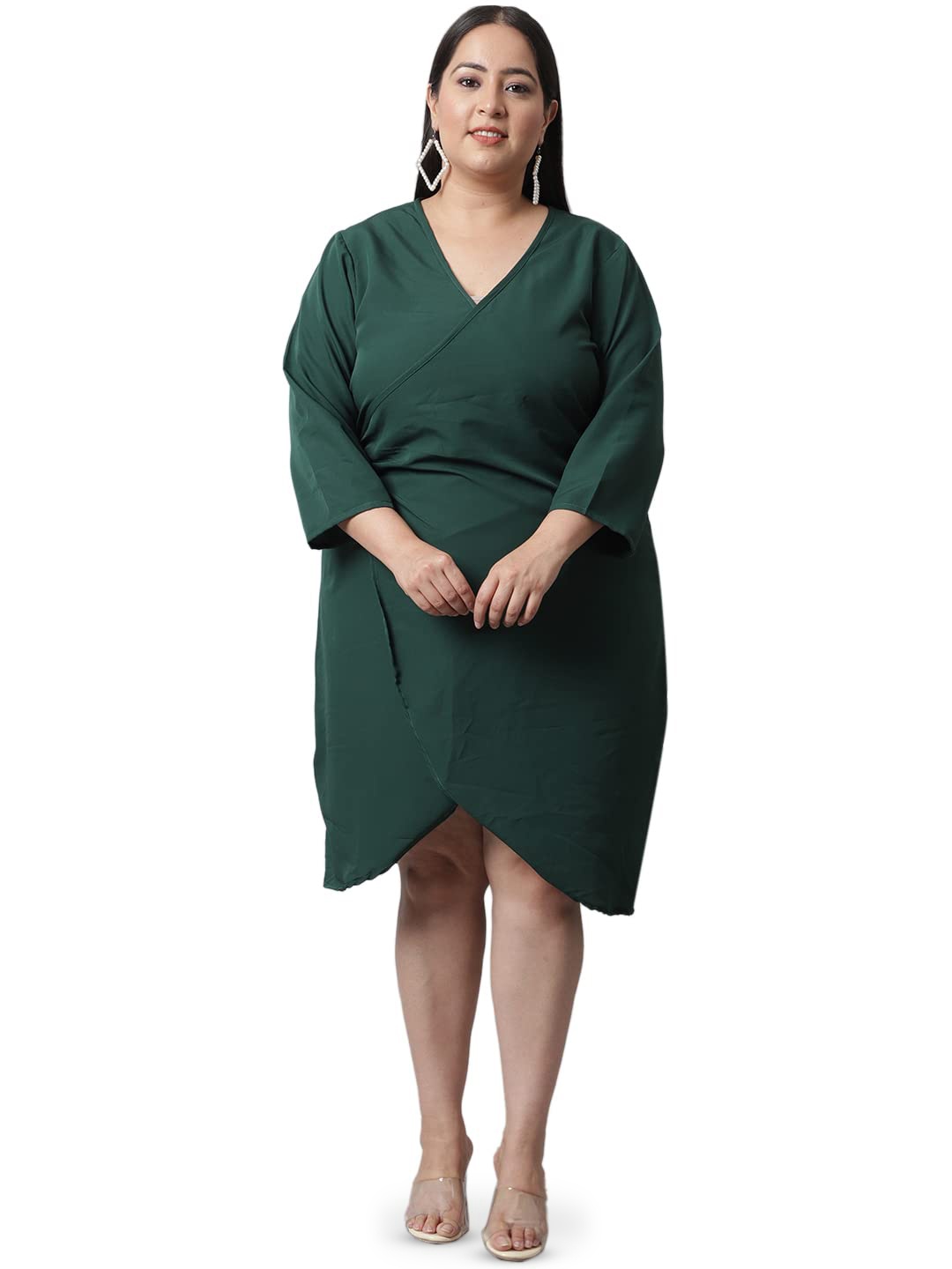 

Flambeur Plus Size V Neck Crepe Wrap Dress, Green