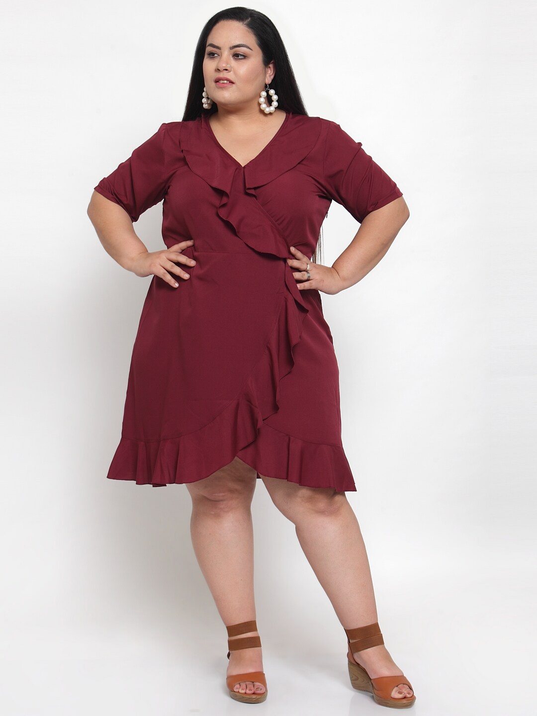 

Flambeur Plus Size V Neck Ruffled Wrap Dress, Maroon