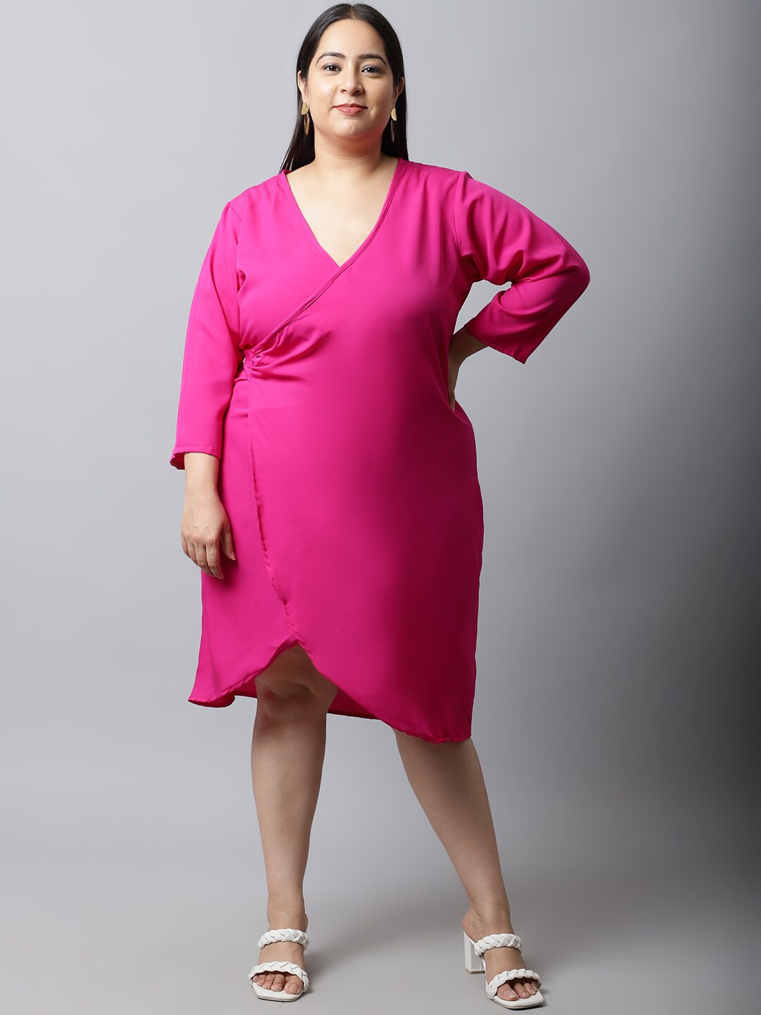 

Flambeur Plus Size V-Neck Three Quarter Sleeves Wrap Dress, Pink