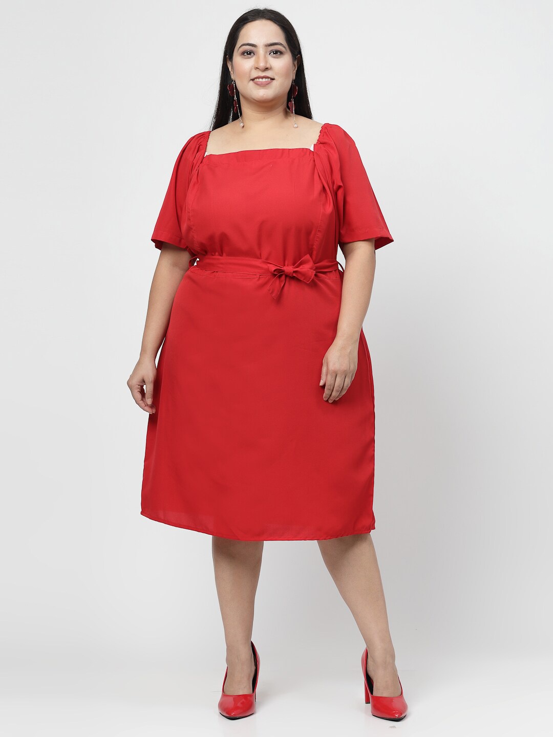 

Flambeur Square Neck Flared Sleeve Crepe Fit & Flare Midi Plus Size Dress, Red
