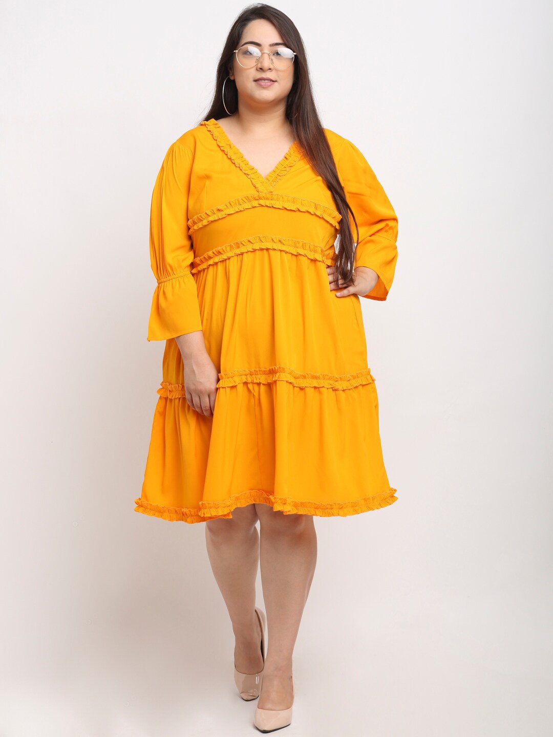 

Flambeur Plus Size V-Neck Bell Sleeve Fit & Flare Dress, Yellow