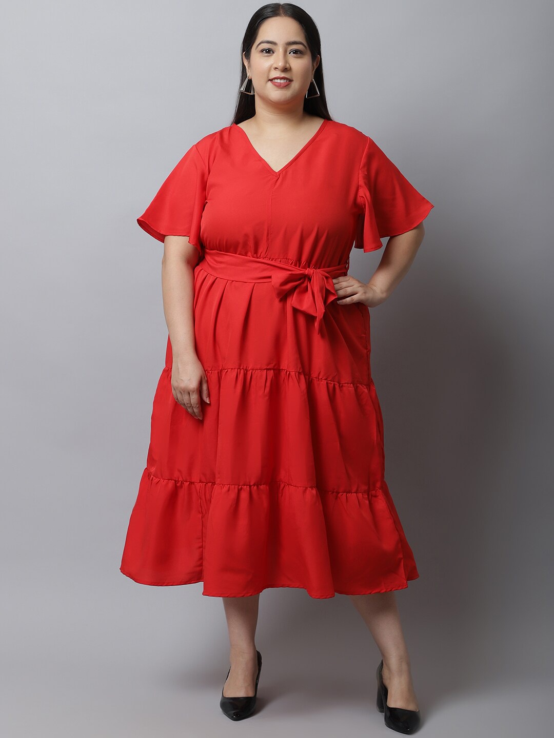 

Flambeur Plus Size Flared Sleeves Crepe Tiered Fit & Flare Midi Dress, Red