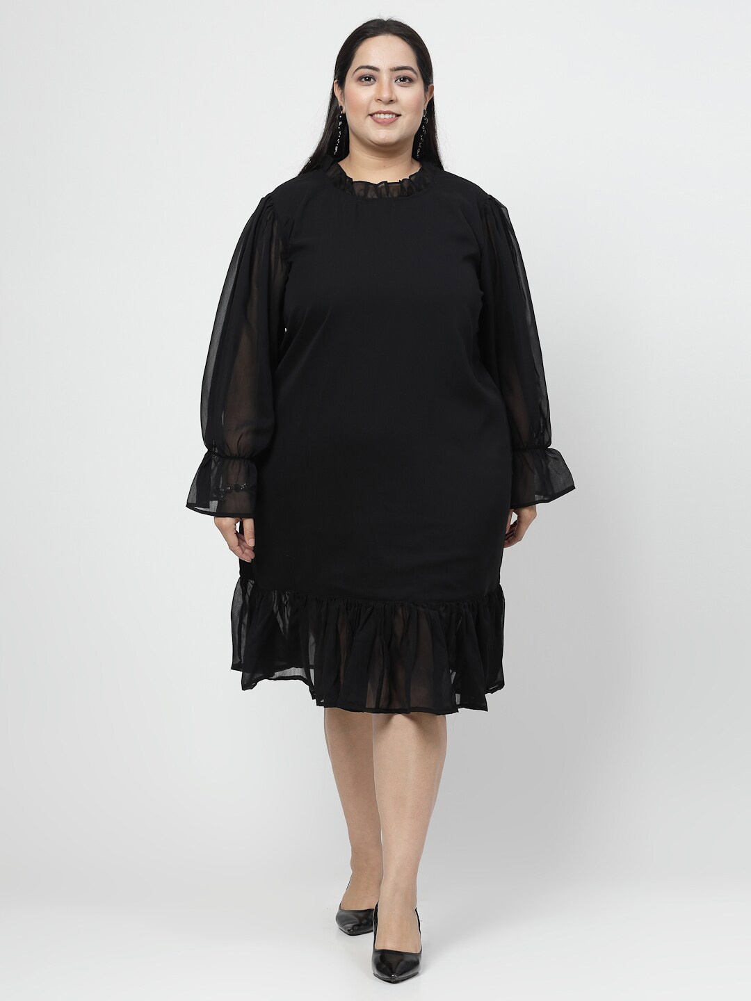 

Flambeur Plus Size Puff Sleeve Georgette Sheath Dress, Black