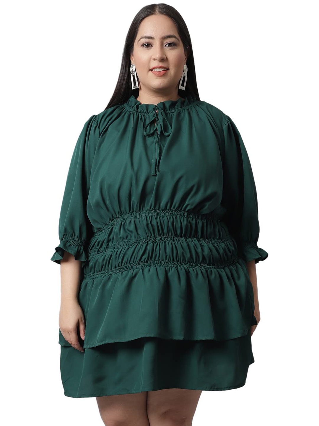 

Flambeur Plus Size Tie-Up Neck Puff Sleeves Smocked Fit & Flare Dress, Green