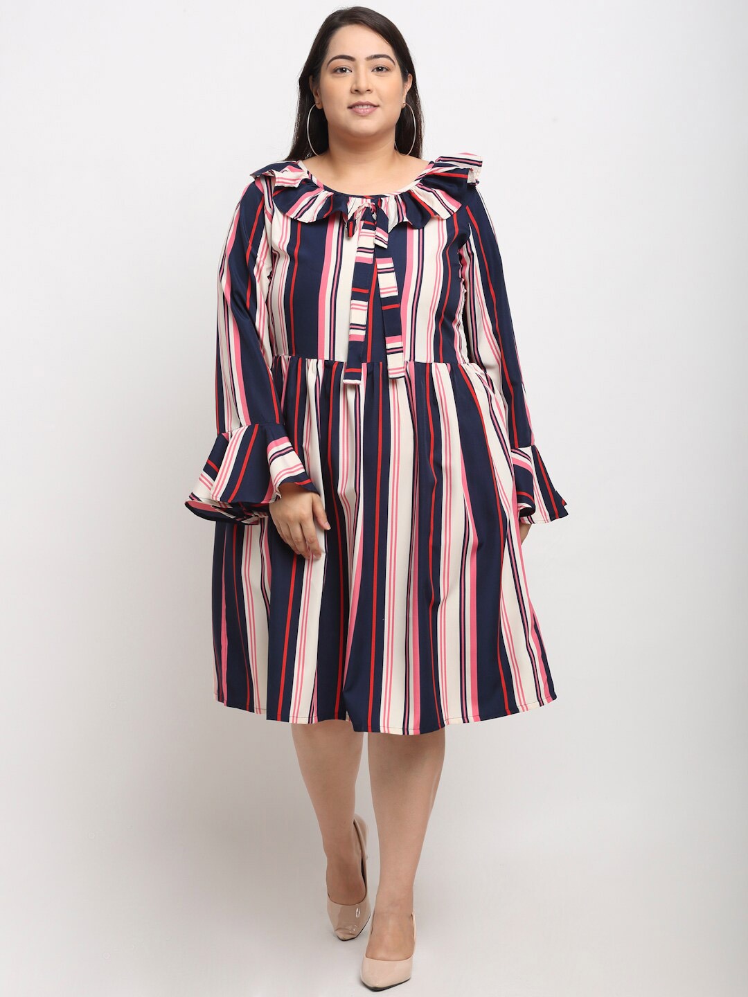 

Flambeur Plus Size Round Neck Striped Bell Sleeve Fit & Flare Dress, Navy blue