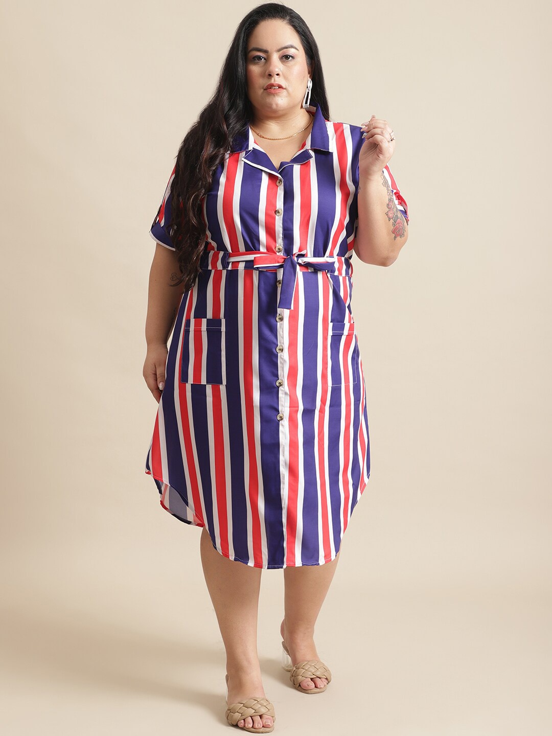 

Flambeur Plus Size Striped Crepe Shirt Midi Dress, Navy blue
