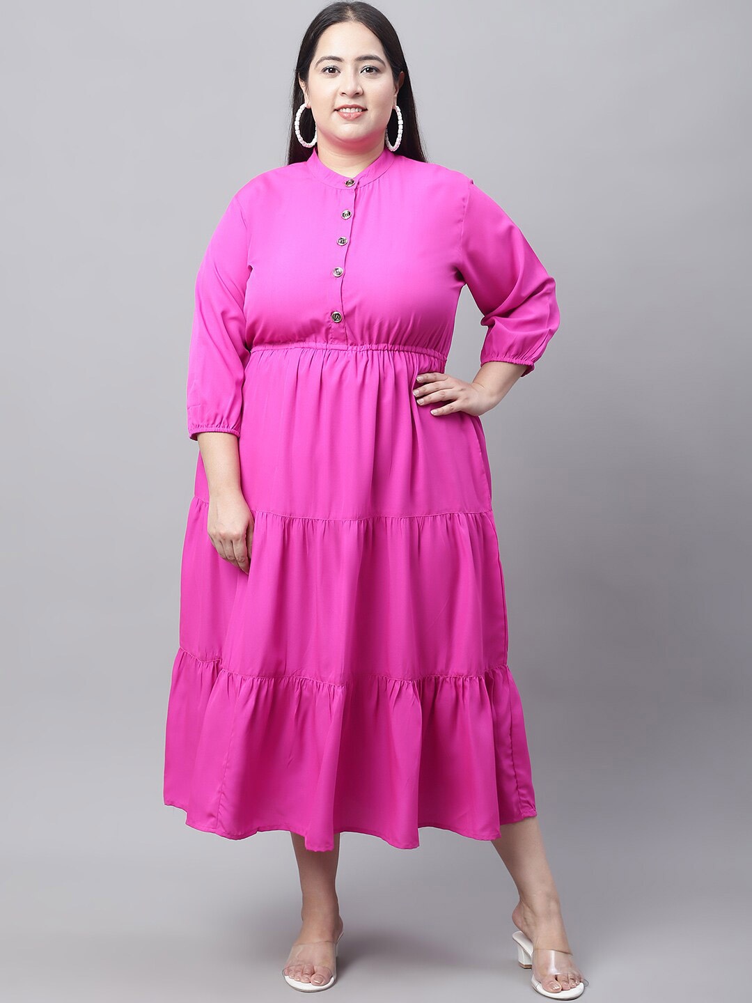 

Flambeur Mandarin Collar Crepe Empire Midi Plus Size Dress, Pink
