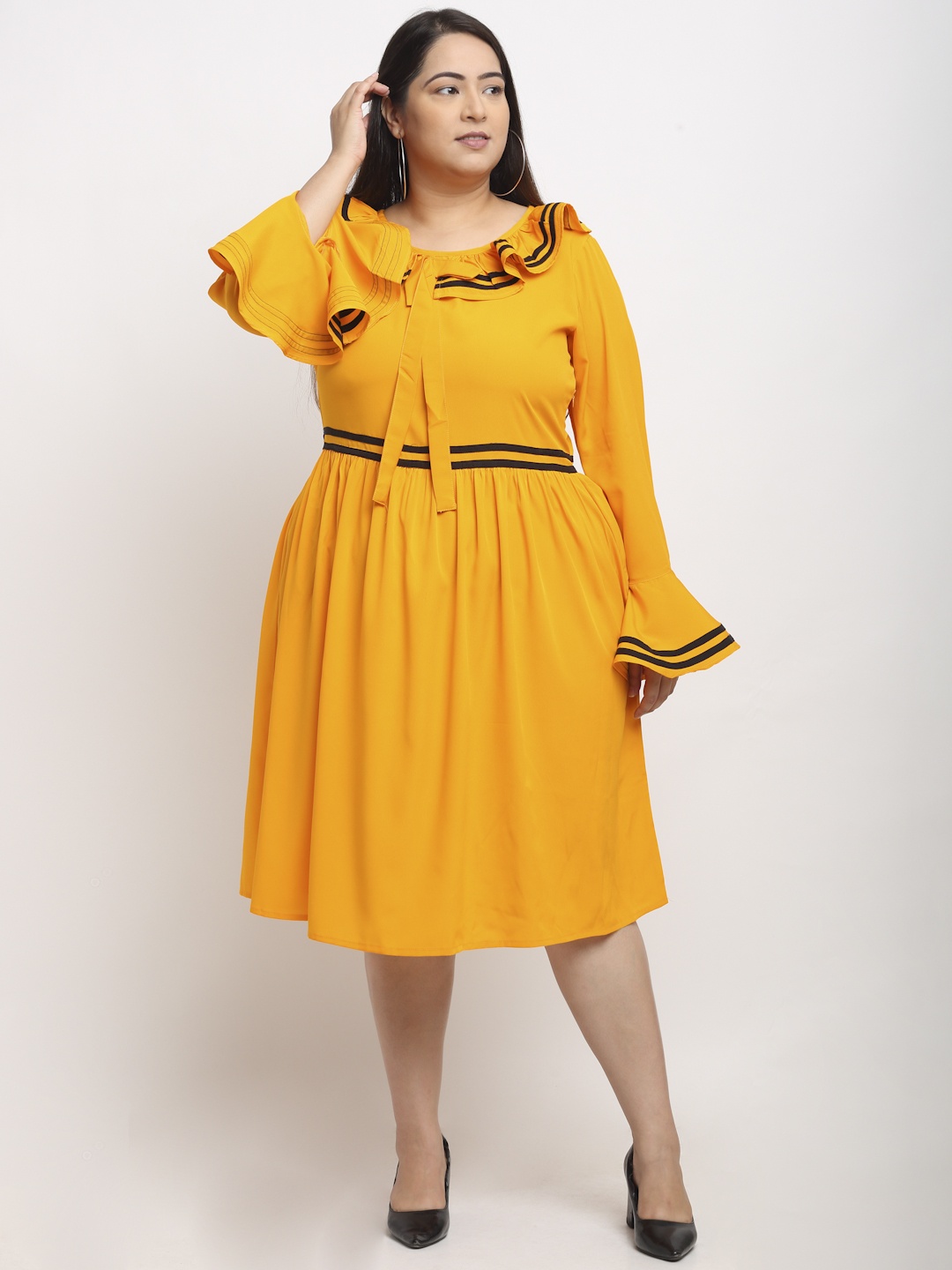 

Flambeur Plus Size Bell Sleeve Ruffled A-Line Midi Dress, Yellow