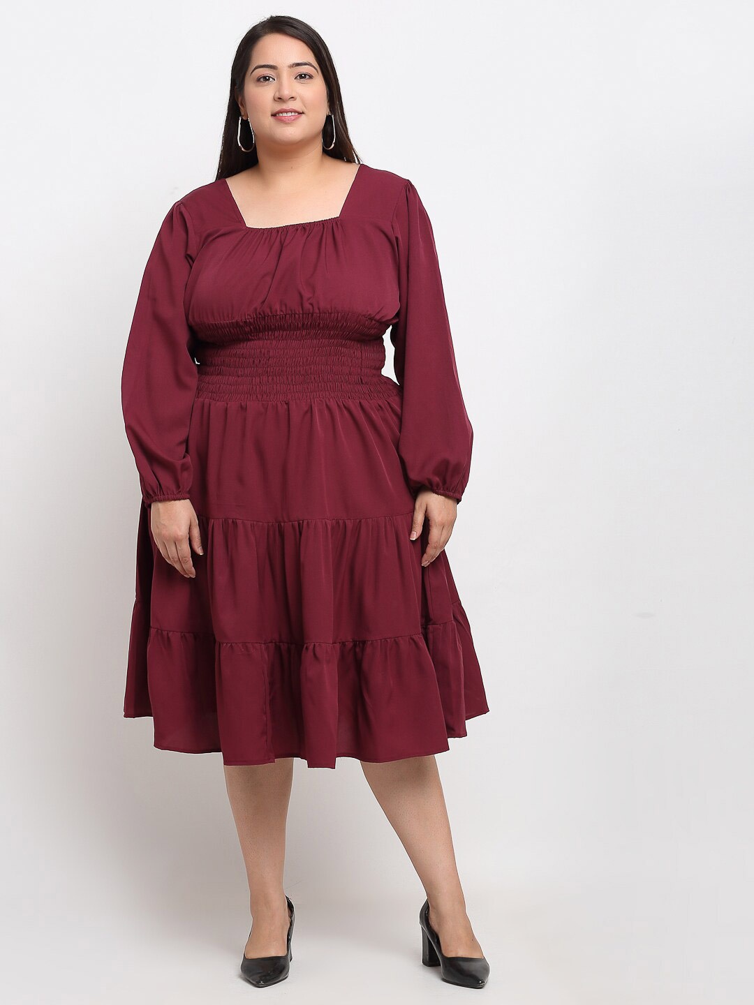 

Flambeur Plus Size Square Neck Puff Sleeve Fit & Flare Midi Dress, Maroon