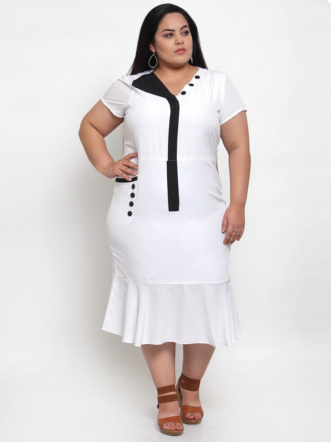 

Flambeur V Neck Short Sleeves Crepe Sheath Midi Plus Size Dress, White