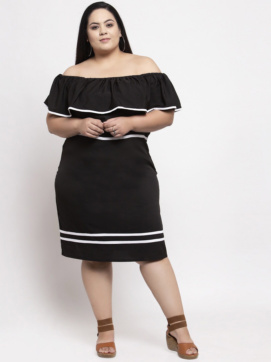 

Flambeur Plus Size Off-Shoulder Crepe Sheath Dress, Black