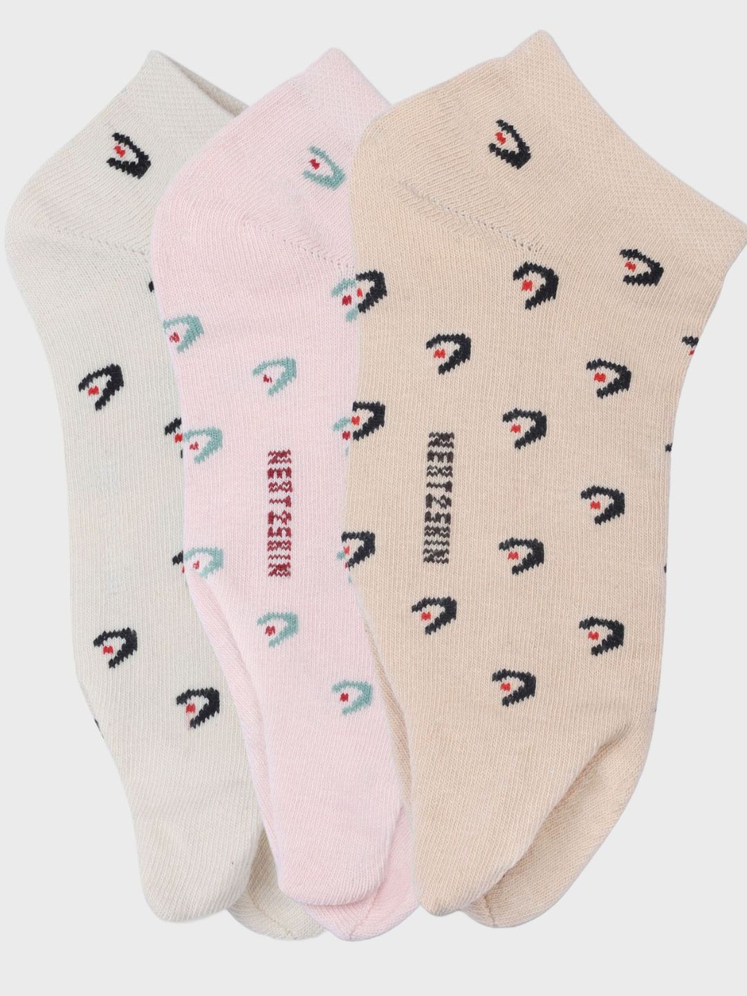 

N2S NEXT2SKIN Women Pack Of 3 Comet Attack-Patterned Ankle-Length Thumb Socks, Cream