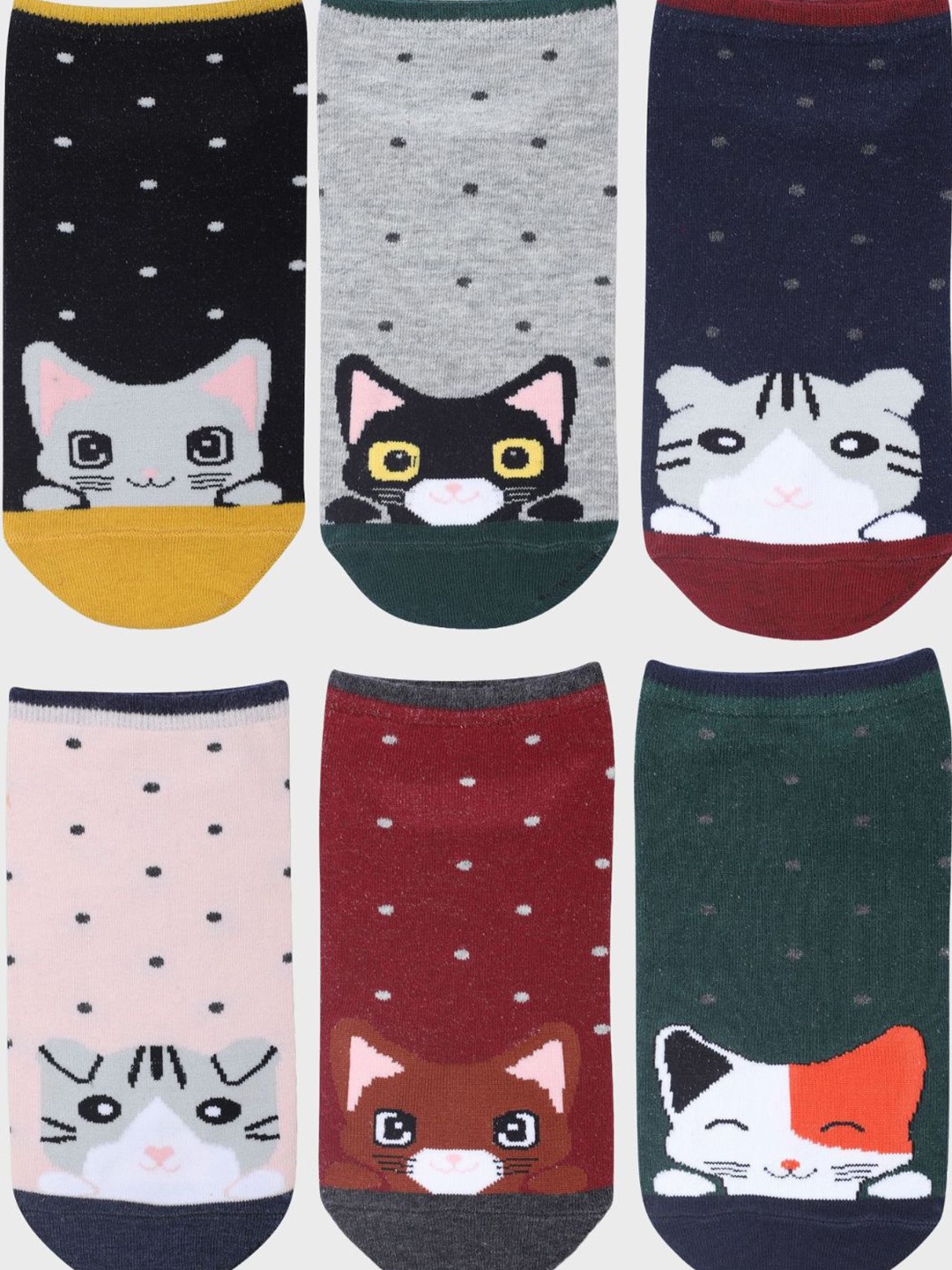 

N2S NEXT2SKIN Women Pack of 6 Cat Printed Cotton Ankle-Length Socks, Black