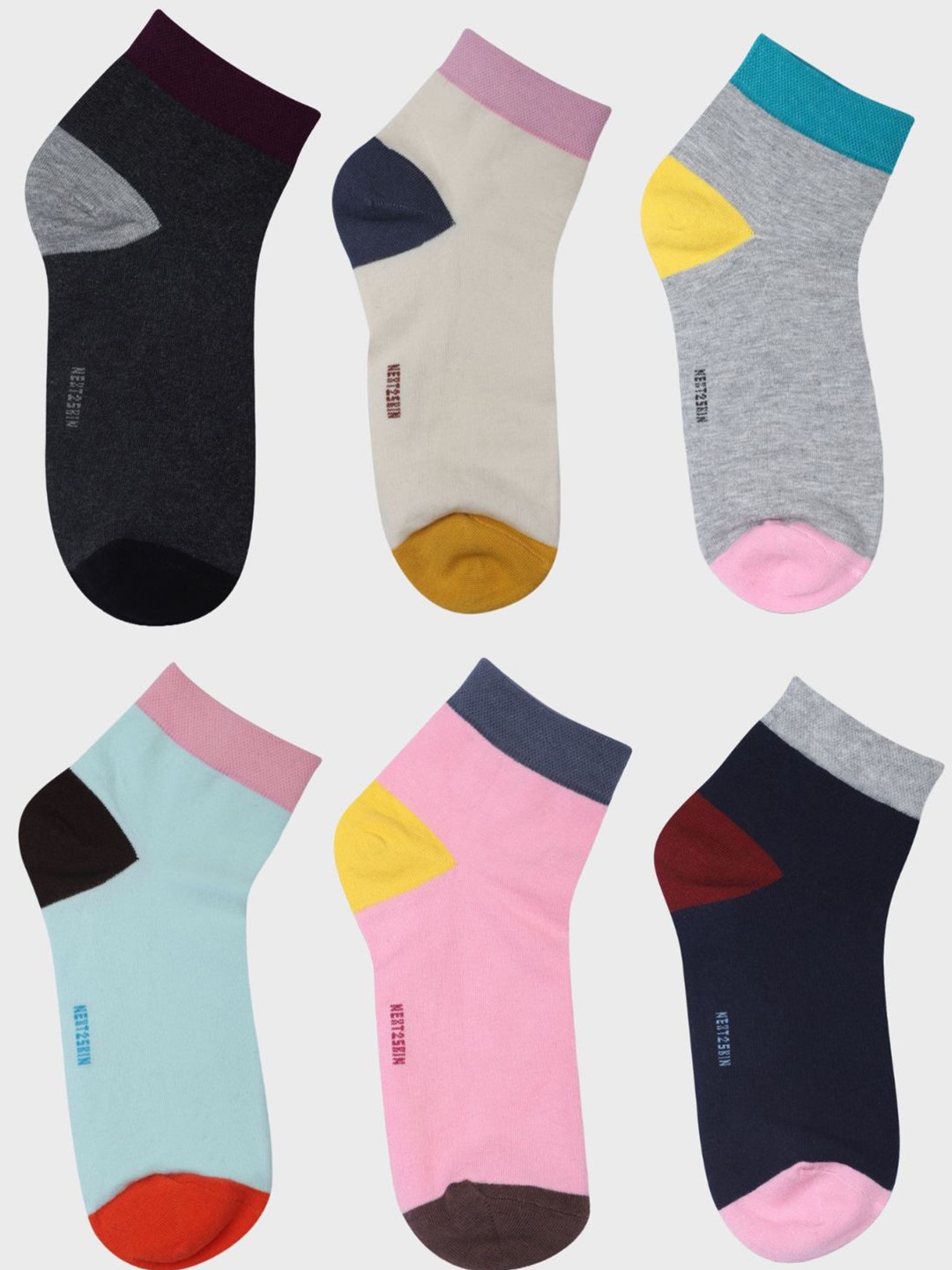 

N2S NEXT2SKIN Women Pack Of 6 Colourblocked Cotton Ankle-Length Socks, Grey