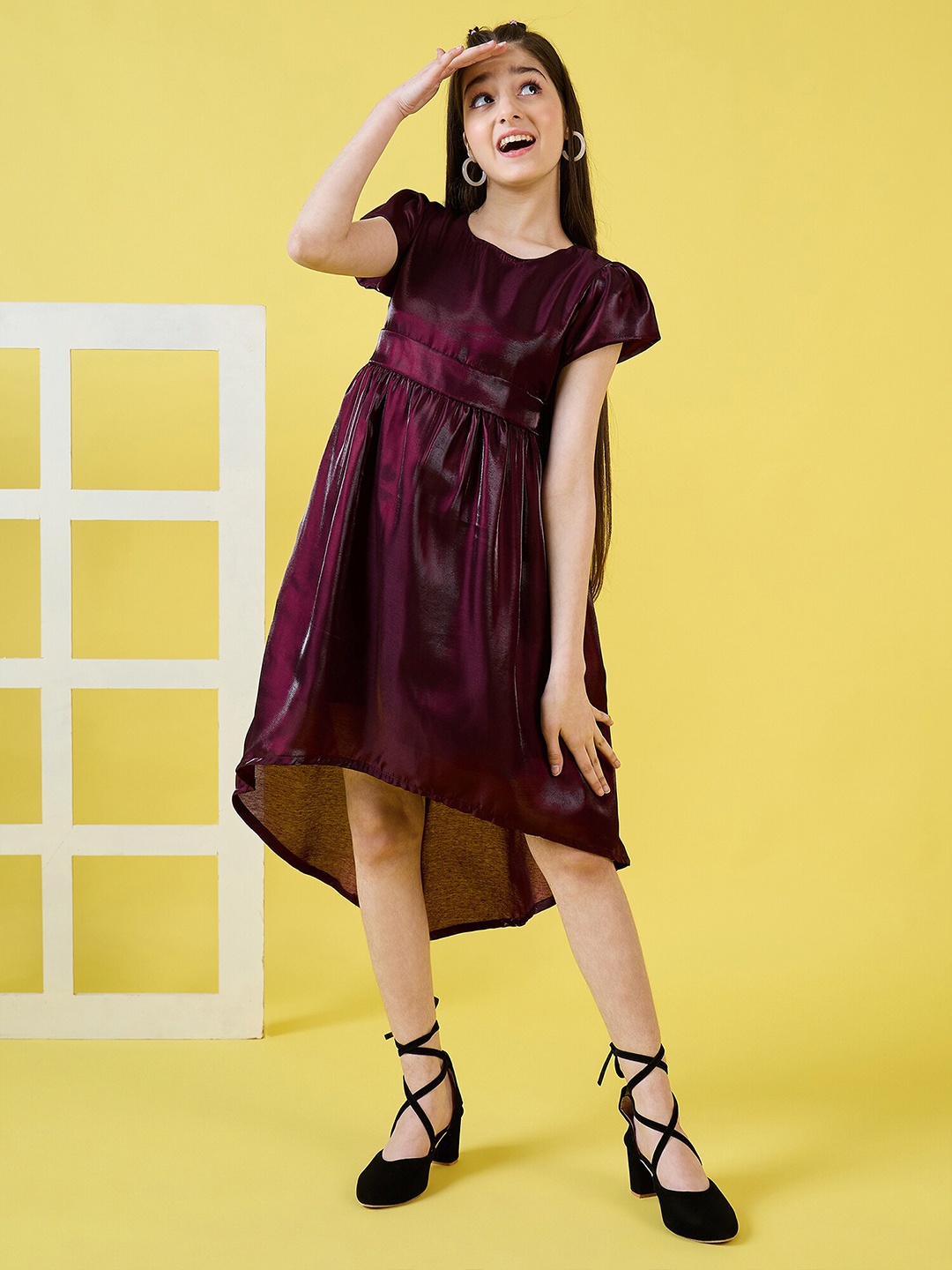 

Stylo Bug Girls Puff Sleeves High-Low Satin A-Line Dress, Maroon