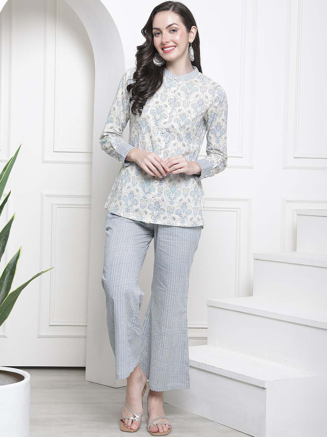 

Claura Printed Pure Cotton Tunic & Trouser, Blue