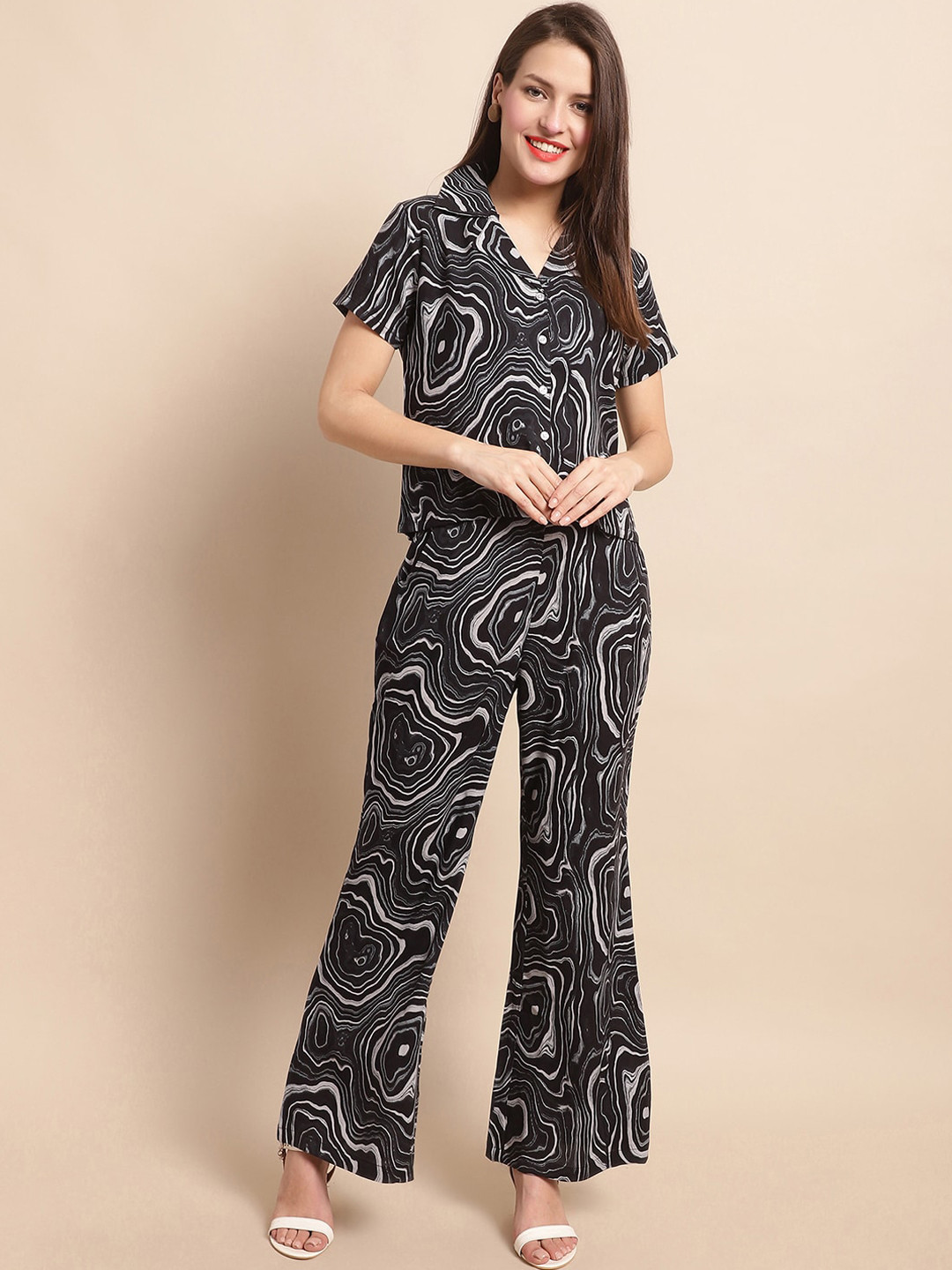 

Claura Printed Shirt With Trousers, Black