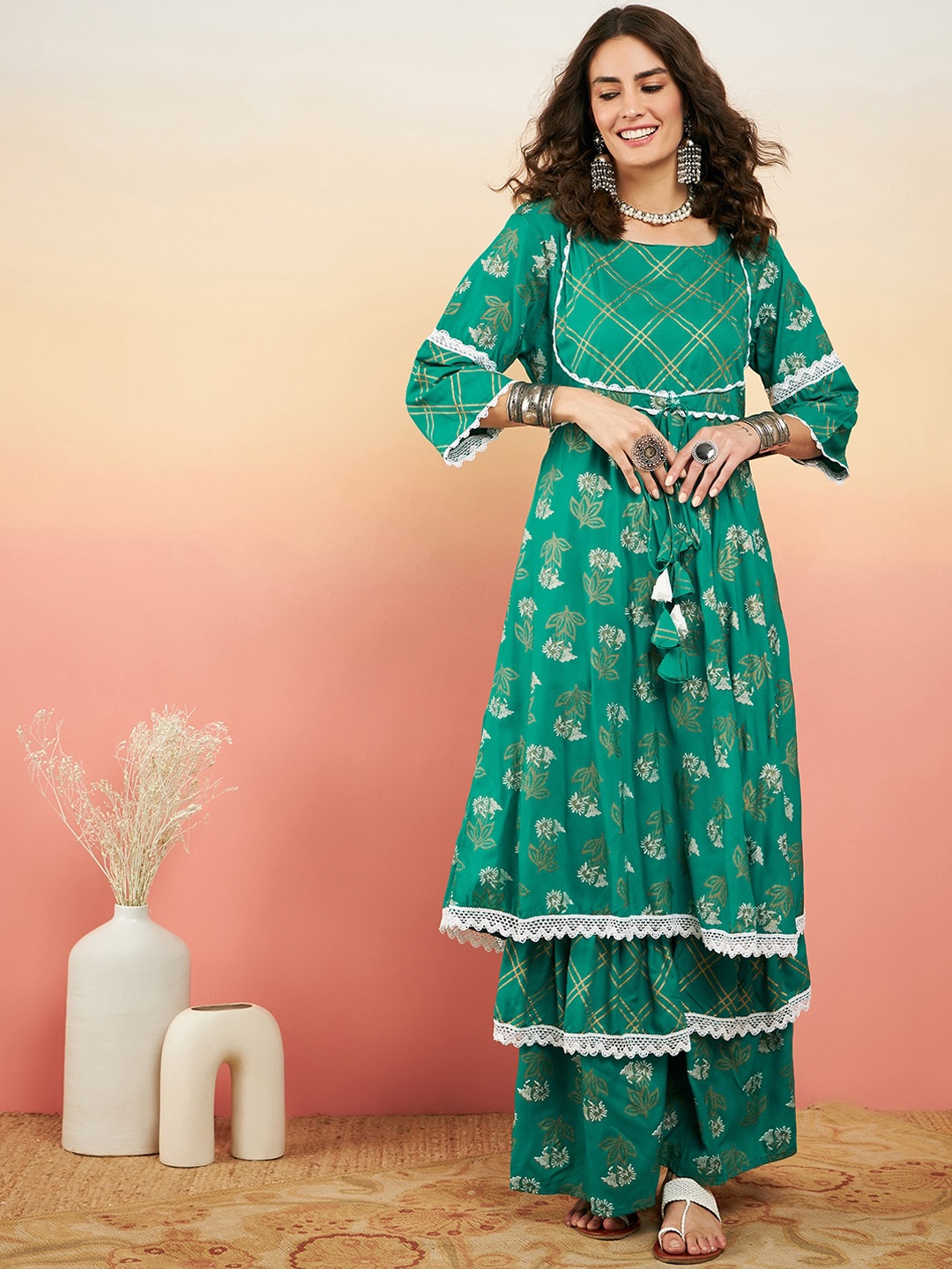 

Sangria Printed Pure Cotton Anarkali Kurta With Trouser, Sea green