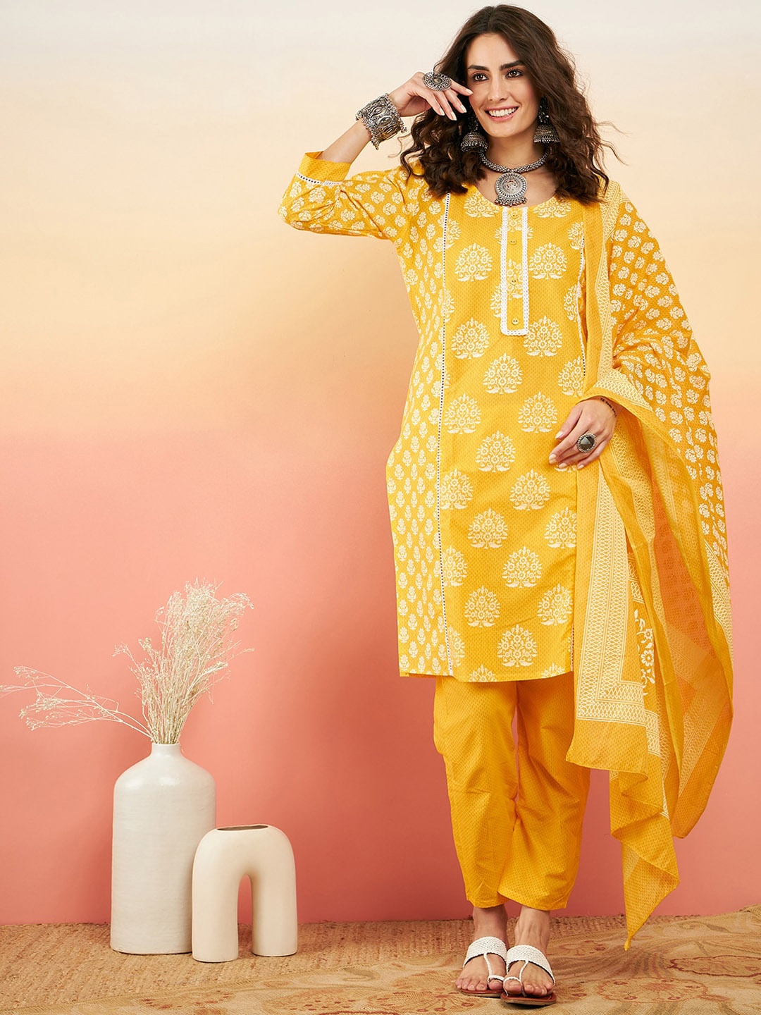 

Sangria Floral Printed Pure Cotton Kurta With Trousers & Dupatta, Mustard