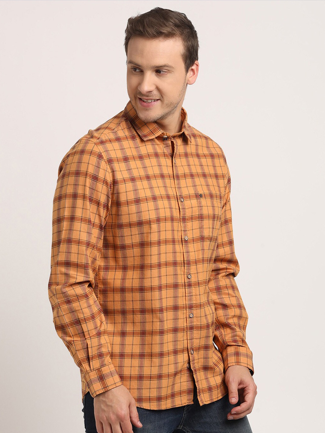 

Turtle Relaxed Slim Fit Tartan Checked Pure Cotton Casual Shirt, Orange