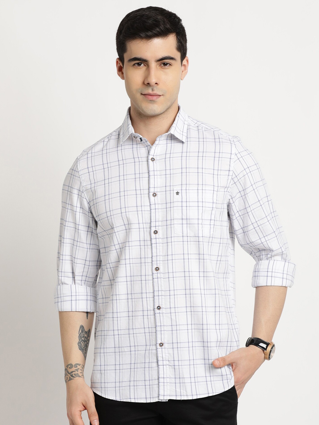 

Turtle Relaxed Slim Fit Grid Tattersall Checked Pure Cotton Casual Shirt, White