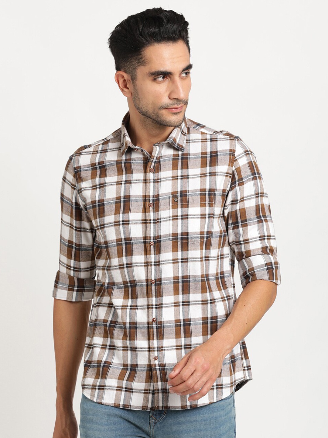 

Turtle Relaxed Slim Fit Tartan Checks Pure Cotton Casual Shirt, White