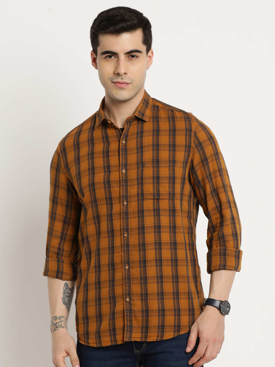 

Turtle Relaxed Slim Fit Tartan Checked Pure Cotton Casual Shirt, Mustard