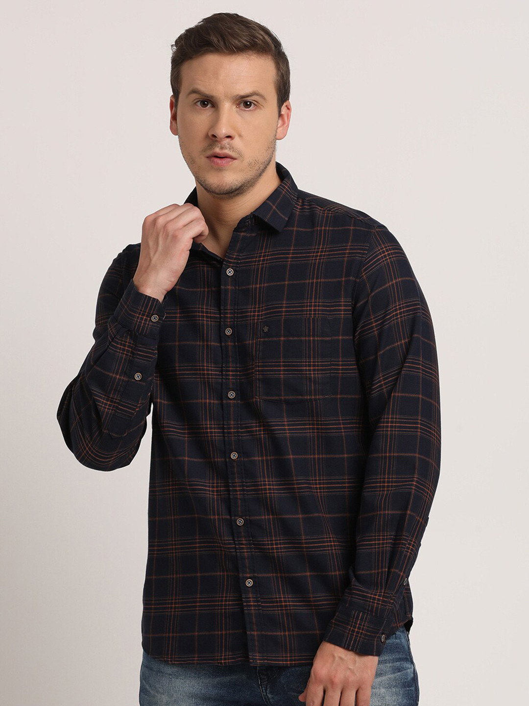 

Turtle Relaxed Slim Fit Tartan Checked Pure Cotton Casual Shirt, Navy blue