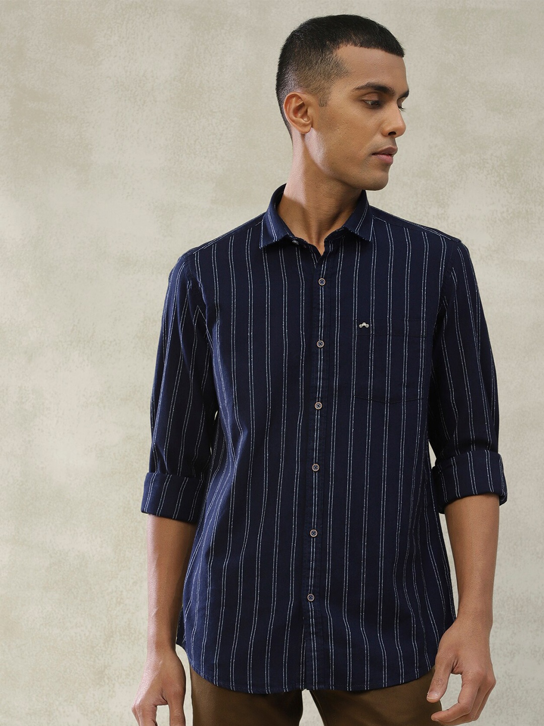 

Turtle Men Relaxed Slim Fit Vertical Striped Casual Shirt, Navy blue