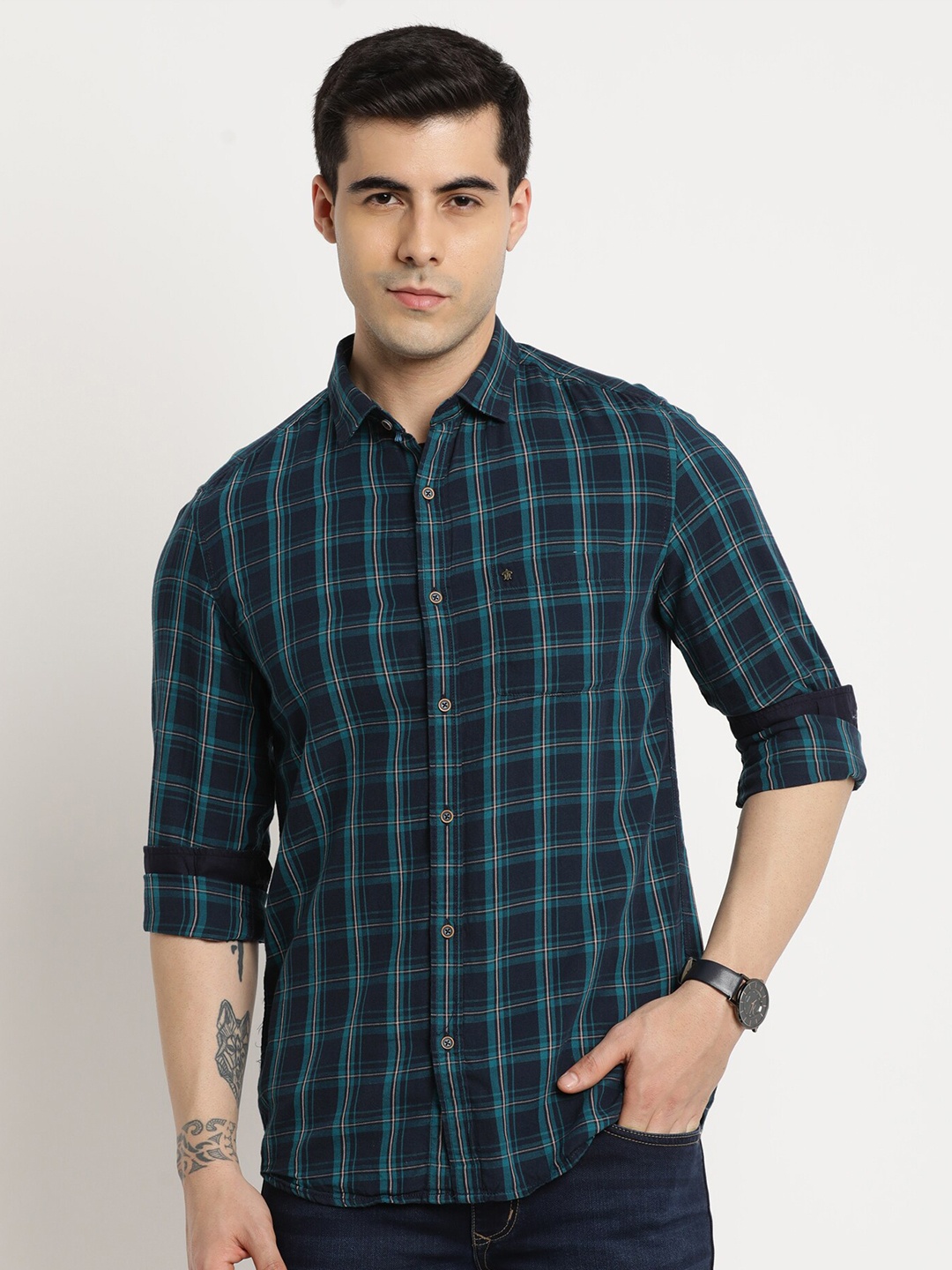 

Turtle Relaxed Slim Fit Tartan Checked Pure Cotton Casual Shirt, Navy blue