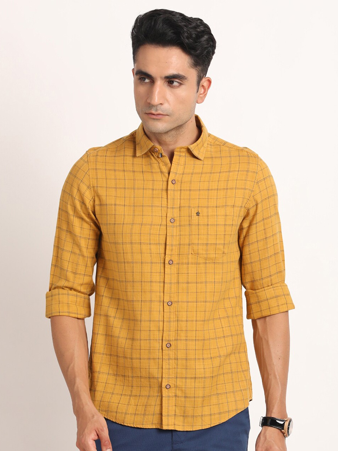 

Turtle Men Relaxed Slim Fit Windowpane Checked Cotton Casual Shirt, Mustard