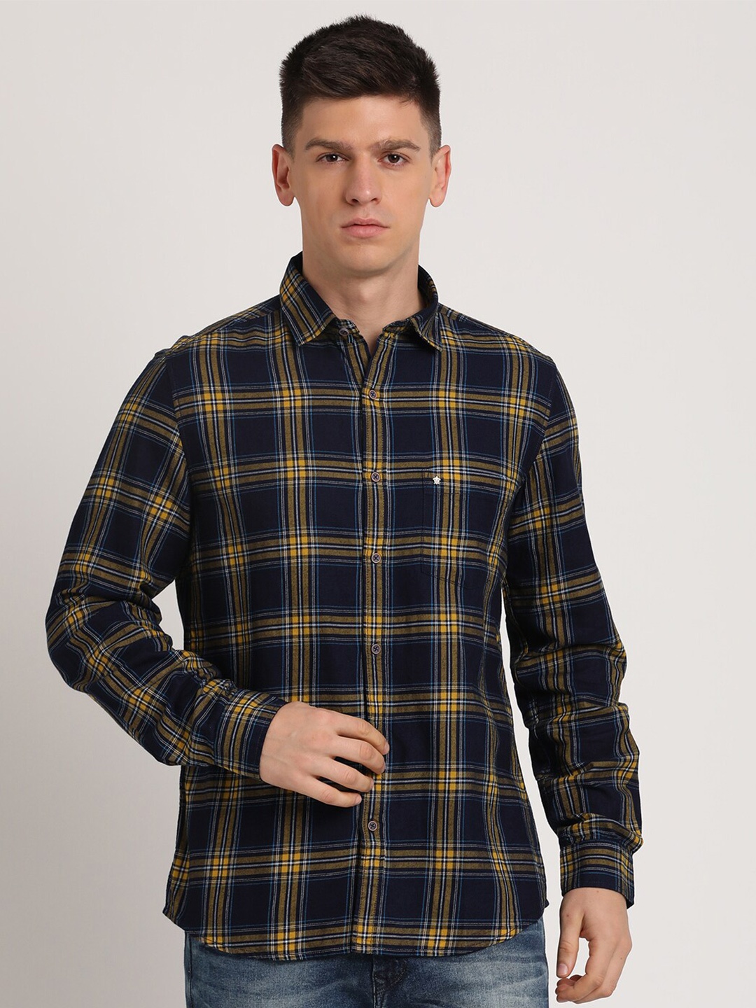 

Turtle Relaxed Slim Fit Tartan Checks Pure Cotton Casual Shirt, Black