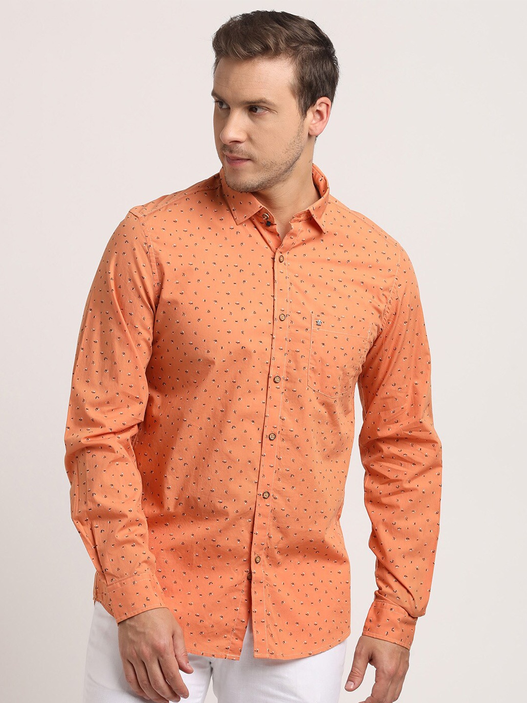 

Turtle Relaxed Slim Fit Micro Ditsy Printed Pure Cotton Casual Shirt, Orange