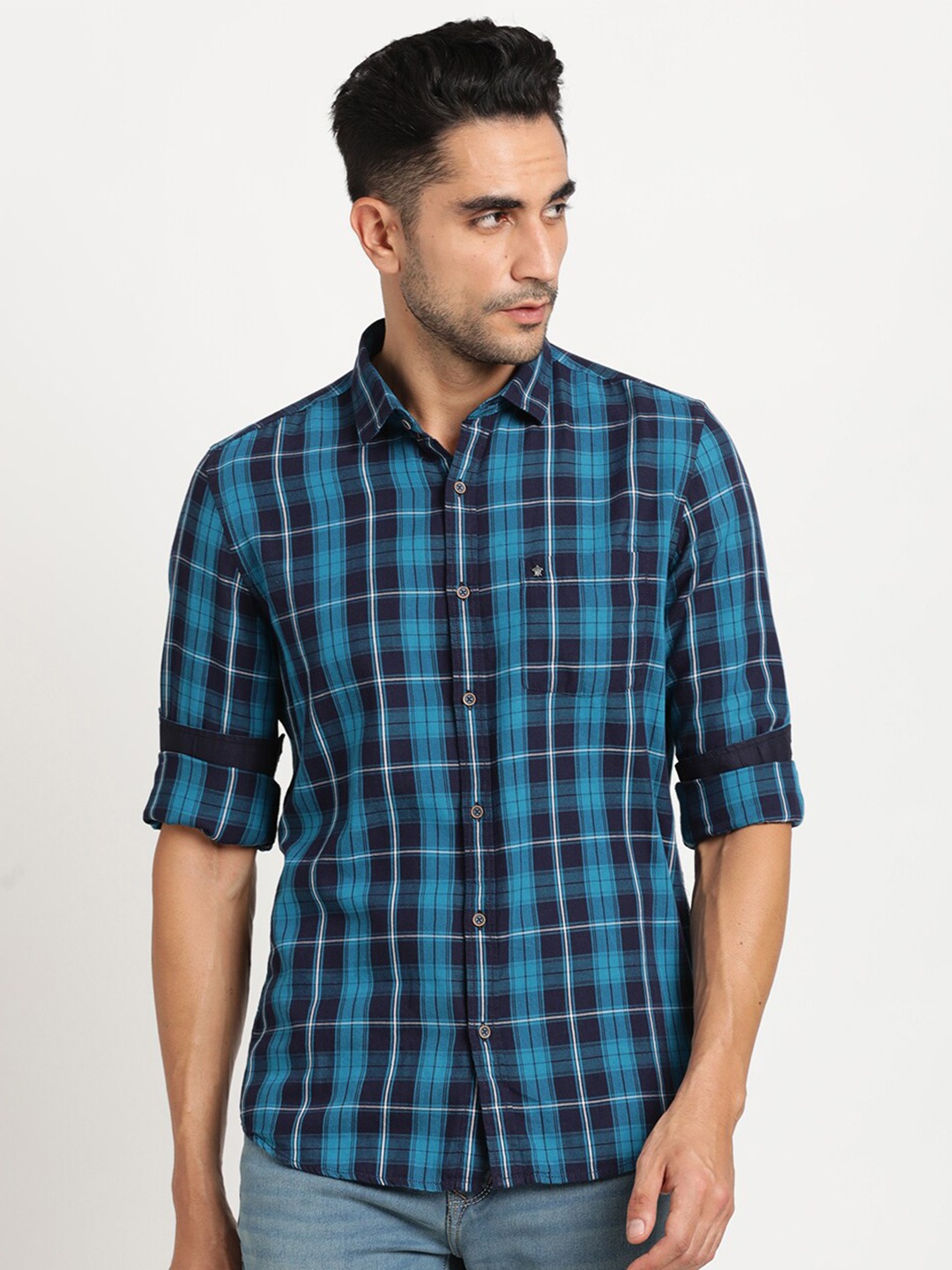 

Turtle Relaxed Slim Fit Tartan Checked Pure Cotton Casual Shirt, Blue