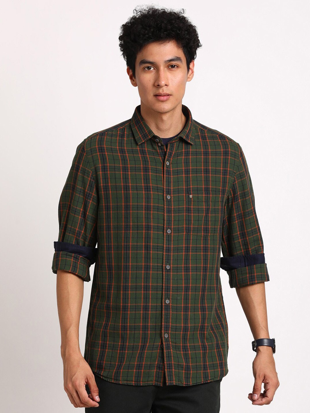 

Turtle Relaxed Slim Fit Tartan Checked Pure Cotton Casual Shirt, Green