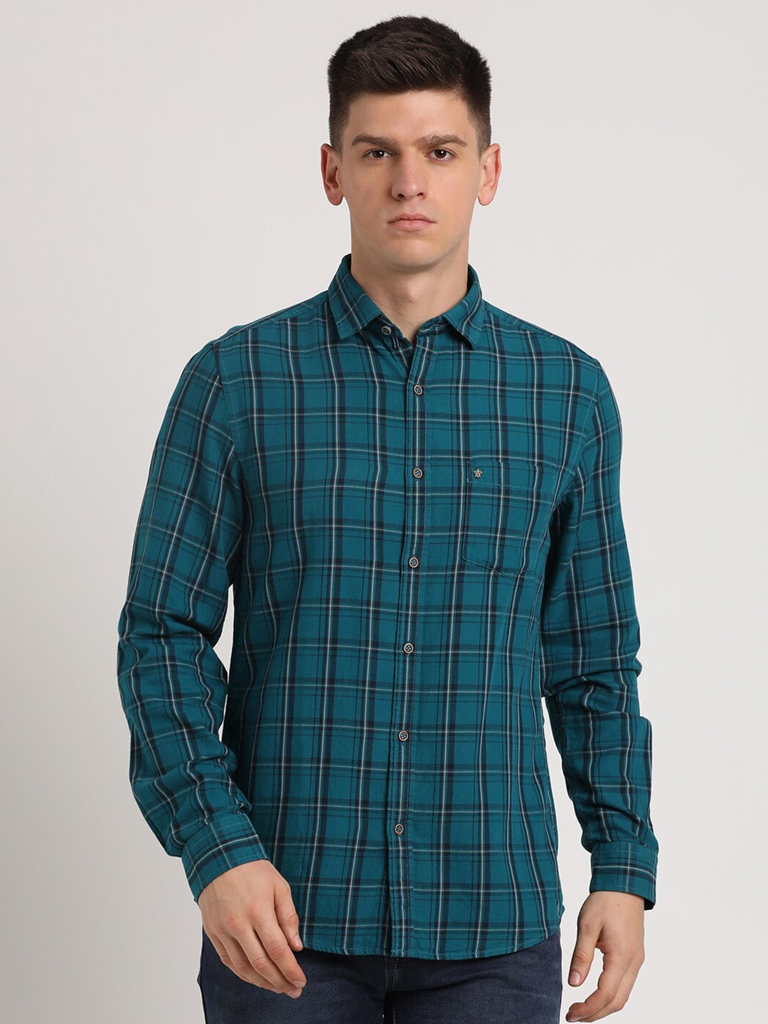 

Turtle Relaxed Slim Fit Tartan Checks Pure Cotton Casual Shirt, Green