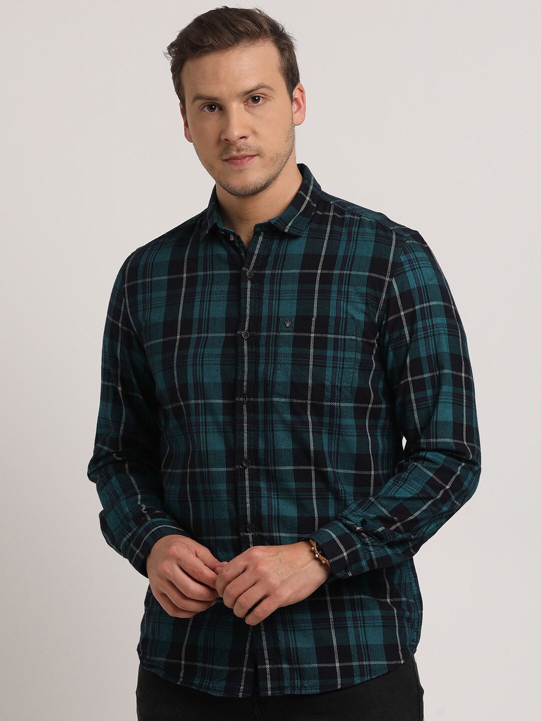 

Turtle Relaxed Slim Fit Tartan Checked Corduroy Casual Shirt, Navy blue