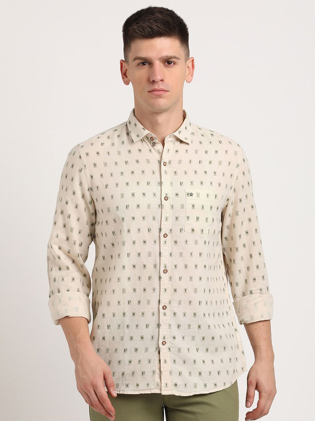 

Turtle Relaxed Slim Fit Geometric Printed Cotton Linen Printed Casual Shirt, Beige