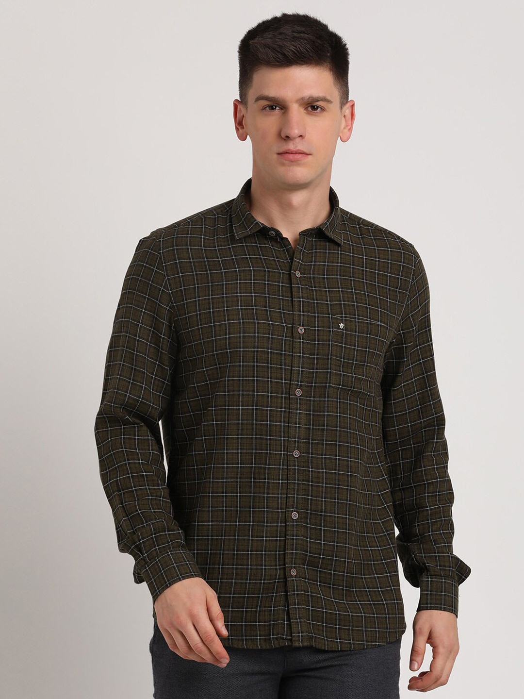 

Turtle Relaxed Slim Fit Grid Tattersall Checked Pure Cotton Casual Shirt, Olive