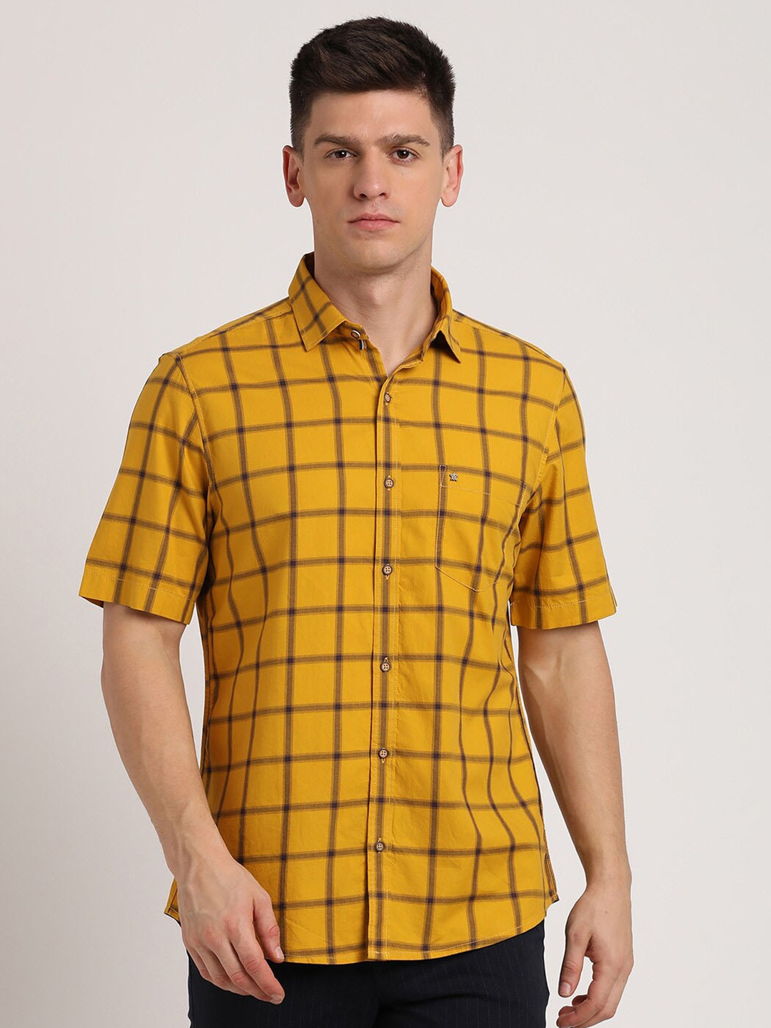 

Turtle Relaxed Slim Fit Windowpane Checked Pure Cotton Casual Shirt, Mustard