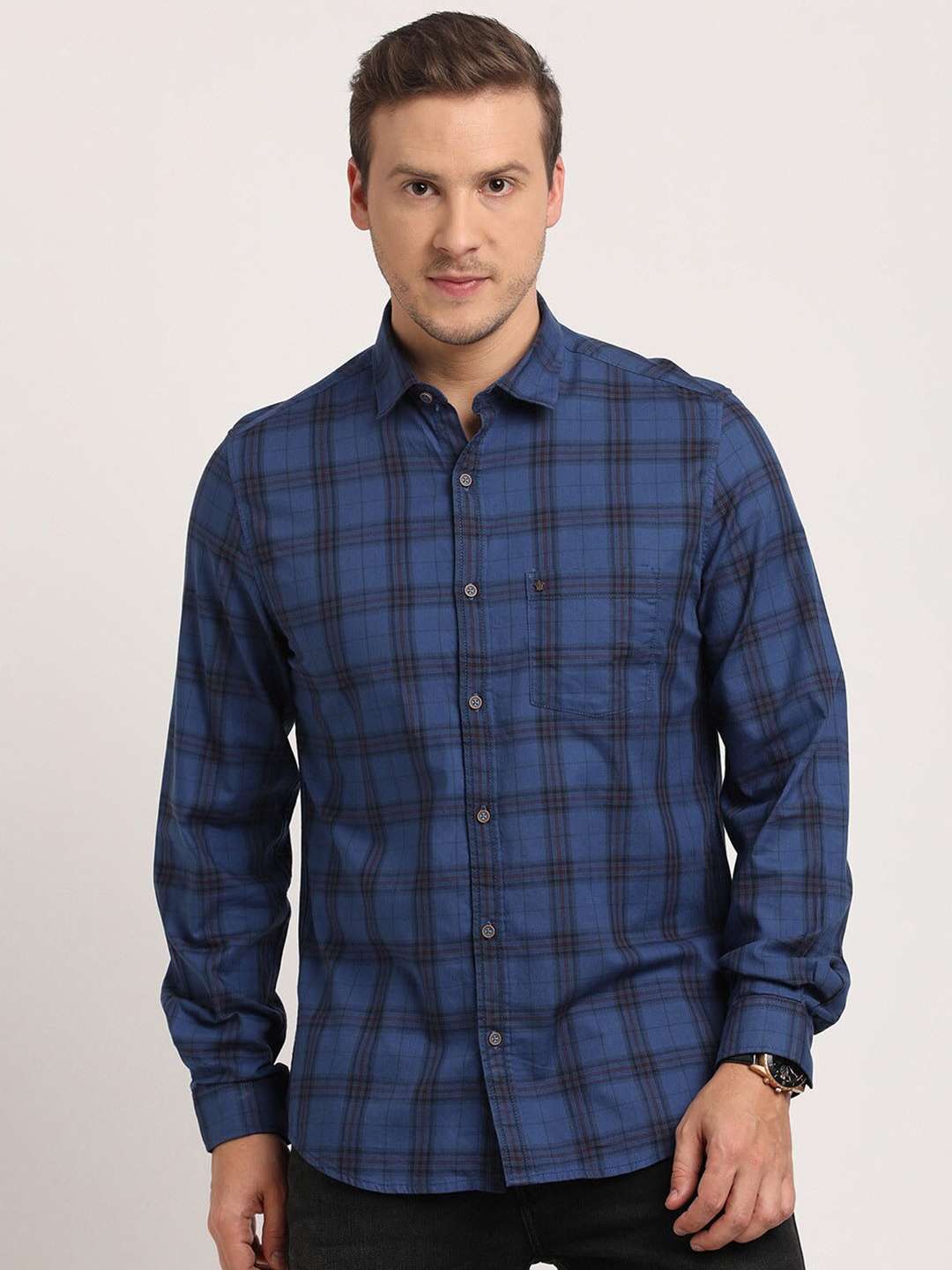 

Turtle Relaxed Slim Fit Checked Pure Cotton Casual Shirt, Blue