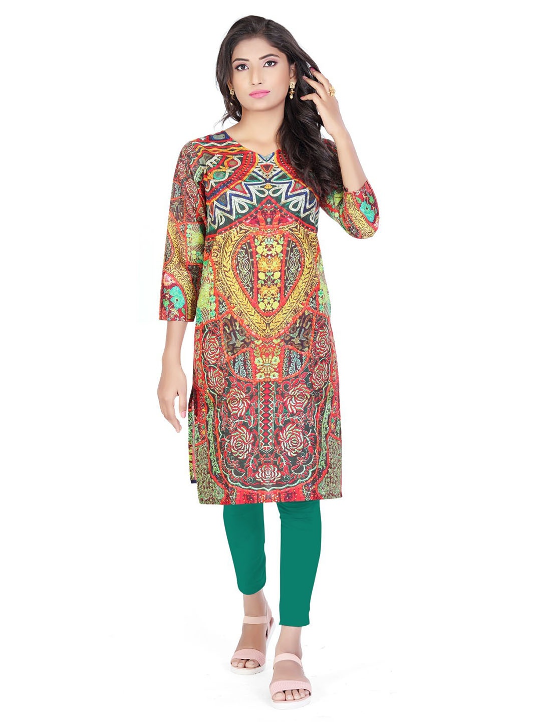 

SALWAT Ethnic Motifs Printed Cotton Straight Kurta, Red