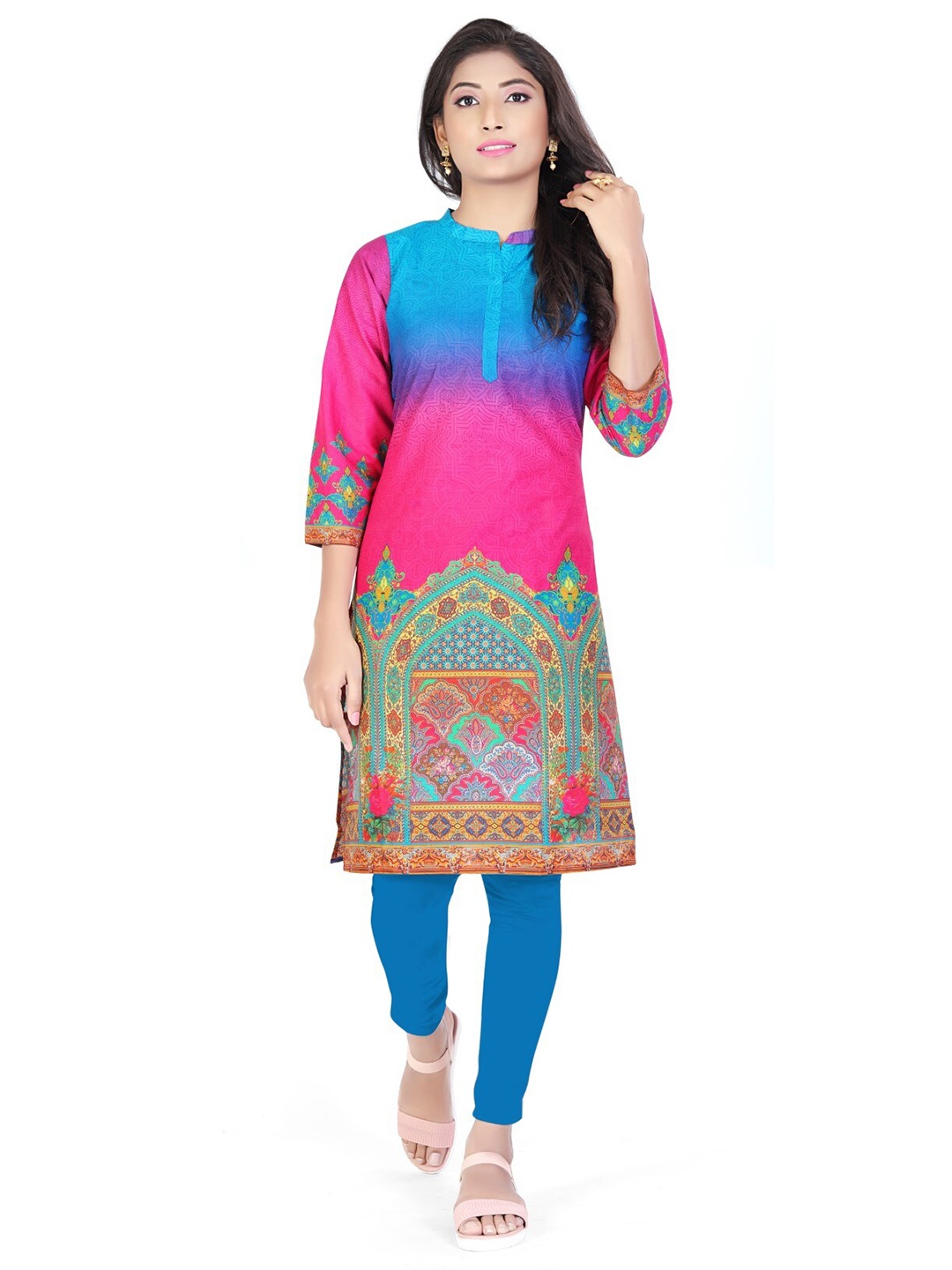 

SALWAT Ethnic Motifs Printed Mandarin Collar Cotton Straight Kurta, Blue